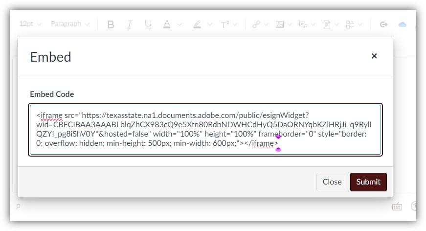 The screen you will see is the embedd text field to paste the embedd code from your adobe sign form