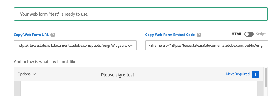 the final screen after you make your adobe form, giving you the web form URL and the Web Form Embed Code to copy