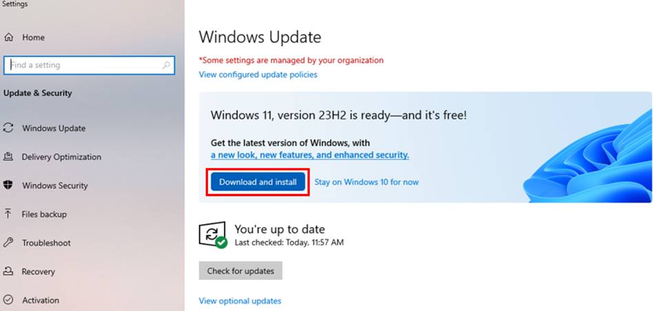 second screen showing windows 11 update option